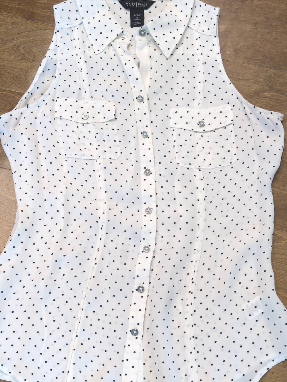 White House Black Market, Silk White W/ Black Polka Dot Sleeveless Button-Up Top